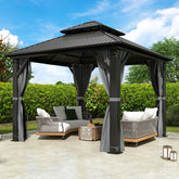 COVERONICS 10' x 10' Outdoor Galvanized Hardtop Gazebo - Aluminum Heavy-Duty Double Roof Vented Gazebo with Breathable Netting & Privacy Curtains for Patio, Porch, Garden, Lawn